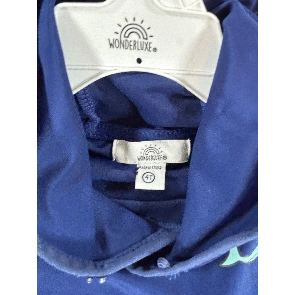 WONDERLUXE Rash Guard Hoodie and Swim Trunks Set Shark Navy Blue UPF 50+ Boys 4T